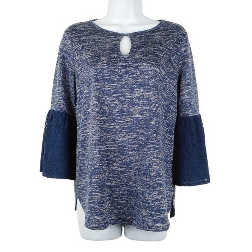 Van Heusen Top Women SP Blue Round Keyhole Neck 3/4 Lace Bell Sleeve Knit